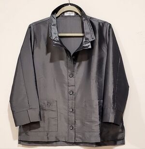Terra Platinum Shiny Button Up Jacket Top, Shapeable Collar 3/4 Sleeve, LG NWOT